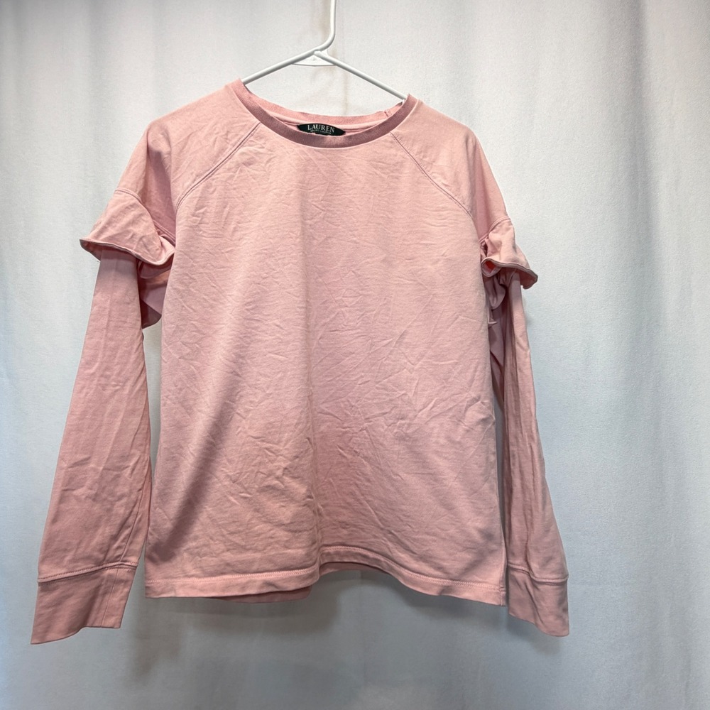 Lauren Ralph Lauren Sweatshirt Womens Small Pink Ruffle Sleeve Pullover Cotton